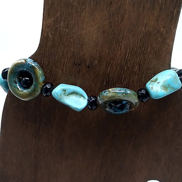 Turquoise Stone Bohemian Bracelet Ceramic Donut Resin Beaded Bracelet - Picture 4 of 16